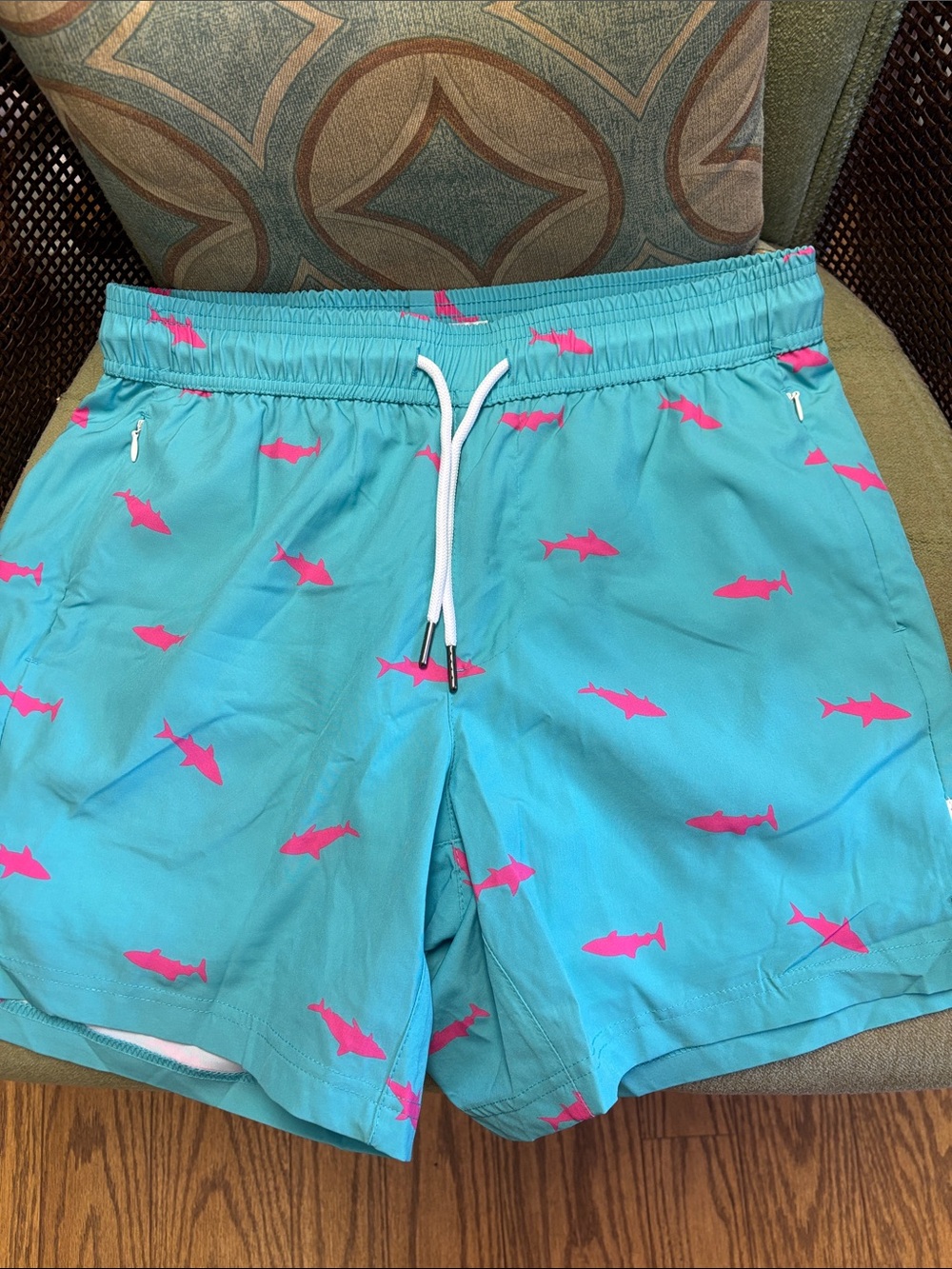 Men's Aqua Blue Swim Trunks with Pink Shark Print